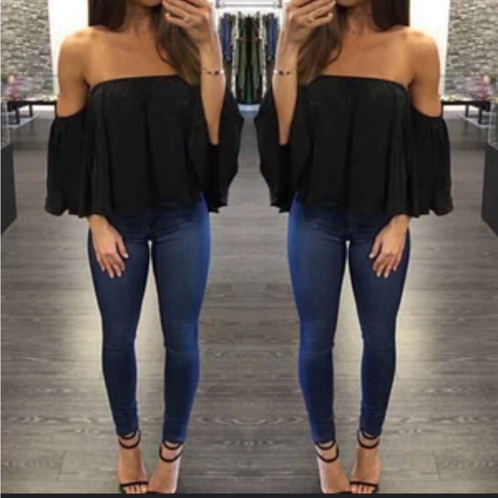 Black chiffon flowy off shoulder dressy boutique blouse top one size